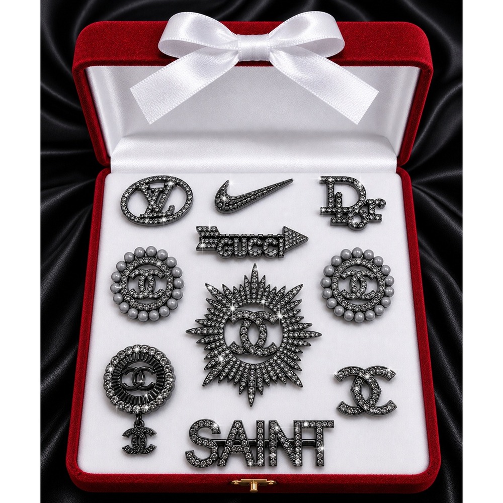 10pc Designer Inspired Shoe Charms Black Rhinestone Luxury Logo Set for Clogs